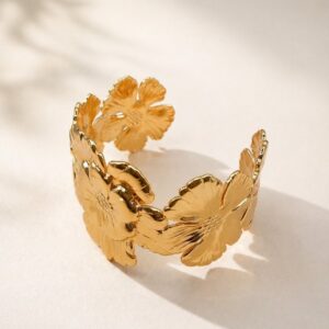 Bracelet Manchette Doré — Motif Fleuri
