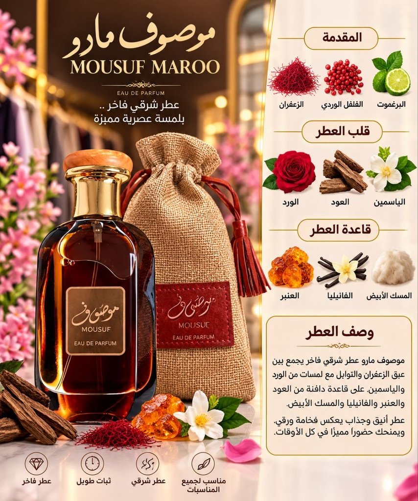 9umjgw.jpg موسوف مارو — الهرم العطري: زعفران، فلفل وردي، برغموت، ورد، عود، عنبر