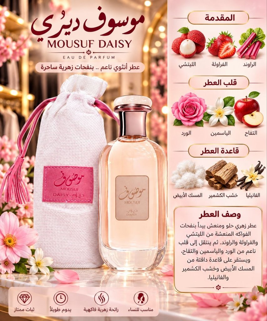 pp12kl.jpg موسوف دايزي — الهرم العطري: ليستشي، فراولة، راوند، ورد، ياسمين، مسك أبيض